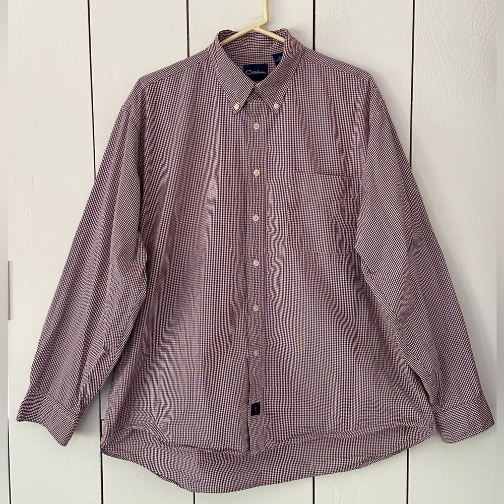 Catalina Men's Button-Up Shirt Check Plaid Sz L Burgundy White Long Sleeve